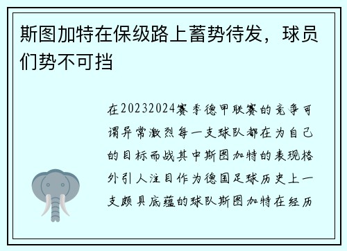 斯图加特在保级路上蓄势待发，球员们势不可挡