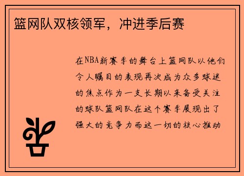 篮网队双核领军，冲进季后赛